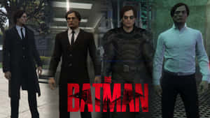 來自《The Batman》遊戲的四個角色站在城市環境中。 — 蝙蝠俠標誌 壁紙