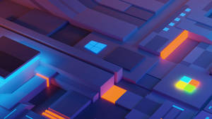 未來主義的3D渲染數位城市，帶有發光的霓虹路徑和Microsoft標誌。