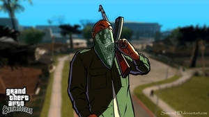 GTA 聖安地列斯角色戴頭巾和步槍在郊區街道 — 槍 壁紙
