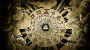 一個帶有符號的神秘圓形文物，被雲霧中的幽靈般人物包圍。