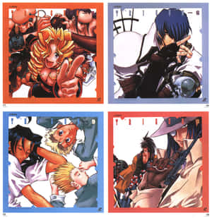 來自《槍神Trigun》的四個動漫角色肖像，表情和姿勢各異。 — 銀翼殺手 壁紙