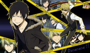 來自《無頭騎士異聞錄 DuRaRaRa!!》的動畫角色被黃色禁止進入膠帶包圍。 — 黑川伊佐那 壁紙