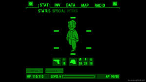 《異塵餘生》Pip-Boy角色狀態畫面，帶有綠色數位顯示。 — Cia標誌 壁紙