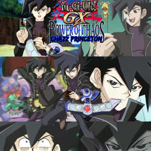來自《遊戲王GX》的Chazz Princeton以動畫風格揮舞決鬥盤，召喚怪獸。 — 1:1 壁紙