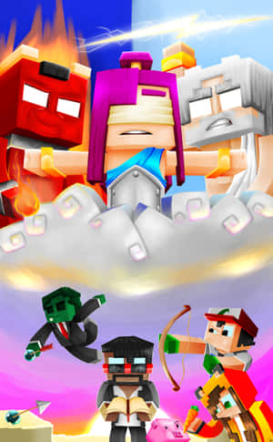 方塊Minecraft角色以動態姿勢展現火焰和閃電效果。 — Galaxy Tab S10 Ultra 壁紙