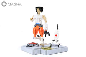 來自Portal的LEGO Chell和Companion Cube在灰色平台上。 — 傳送門 壁紙