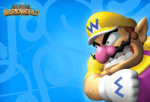 來自WarioWorld的憤怒Wario，握緊拳頭，站在旋轉的藍色背景前。 — 卡通鞋 壁紙