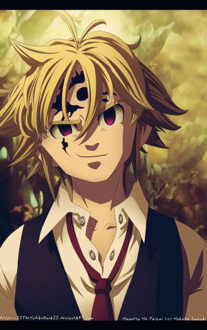 動畫角色，金髮紅眼，穿著背心和領帶。