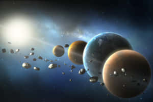 行星和小行星漂浮在一個有明亮太陽的星空宇宙場景中。