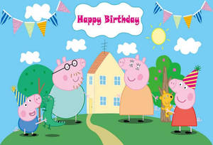 Peppa Pig 一家在屋外慶祝生日，有旗幟和陽光。