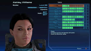 科幻遊戲中的角色阿什莉·威廉斯，顯示狀態和天賦樹。 — 米色風格 壁紙