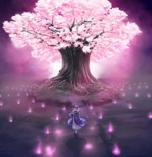 動漫女孩穿著紫色連衣裙，站在魔法粉紅色風景中的發光櫻花樹前。 — 粉紅動漫美學 壁紙