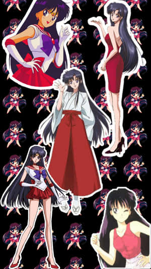 美少女戰士動漫角色穿著不同服裝，黑色背景上重複著小角色圖案。 — 美少女戰士 壁紙