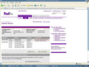 2003 年的 FedEx 包裹追蹤結果顯示在舊版網頁瀏覽器中。