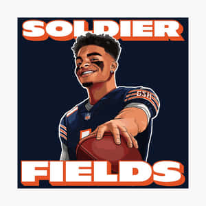 插圖中的足球運動員 Soldier Fields 拿著一個球，並帶有粗體文字。