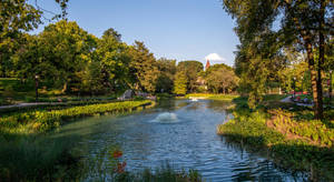公園內一條寧靜的運河，有樹木和噴泉，在清澈的藍天下。