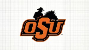 OSU 標誌，在方格紙背景上帶有牛仔和馬的剪影。