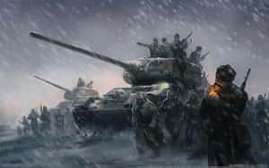 士兵和坦克在冬季風暴中穿過白雪覆蓋的戰場。