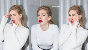 Vanessa Kirby 穿著白色毛衣做出俏皮的表情。 — 粉紅閃粉 壁紙