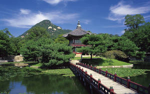 木橋通往池塘上的傳統韓國亭閣，池塘有睡蓮，背景有山脈。 — 韓國 壁紙