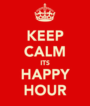 紅色海報，皇冠下方有奶油色文字寫著「KEEP CALM ITS HAPPY HOUR」。