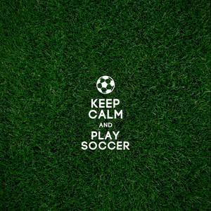 Keep Calm and Play Soccer 文字同足球圖標喺綠色草地背景上。