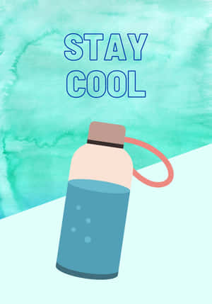 一個帶有氣泡和「STAY COOL」文字的藍色水壺，背景是藍綠色水彩。