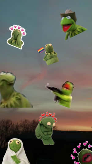 Kermit the Frog 迷因漂浮在暮色天空中，帶有心形和彩虹旗。