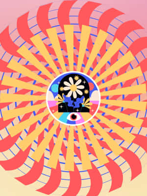 帶有花朵眼睛和放射狀光束的圓形抽象設計。 — 花園牆外 壁紙