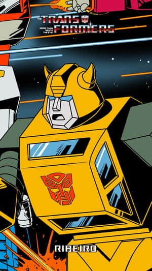 變形金剛中的黃色汽車人Bumblebee在太空中，帶有星場和動作線條。