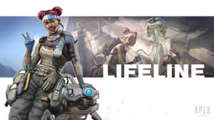 來自Apex Legends的遊戲角色生命線微笑著比出和平手勢，並帶著她的醫療裝備。