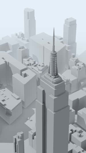 現代城市景觀的黑白3D渲染，包含幾何建築和中央摩天大樓。