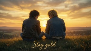 兩個人坐在山丘上看日落，附有文字 stay gold