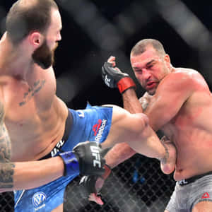 兩名男性拳手在MMA籠中於激烈比賽中交換高踢和阻擋。