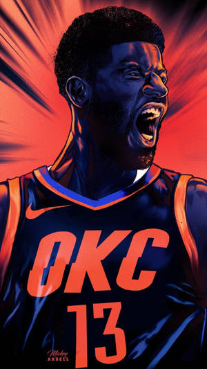 身穿OKC球衣的籃球運動員在火紅背景下咆哮。