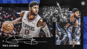 Paul George 身穿快艇隊球衣，手持籃球，搭配人群和簽名圖案。
