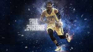 Paul George 身穿印第安納溜馬球衣，在星空宇宙背景中騰空。