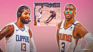 兩名身穿快艇隊和太陽隊球衣的NBA球員互相凝視。