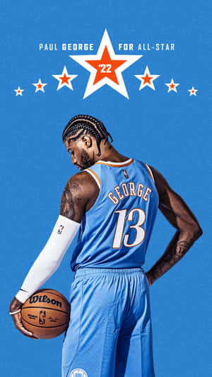 Paul George 身穿藍色全明星球衣，手持籃球，上方有星星。