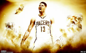 身穿Pacers球衣的籃球運動員在熾熱的城市毀滅中怒吼。