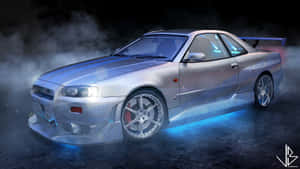 銀色日產Skyline R34在黑暗車庫中漂移，帶有藍色燈光和煙霧。