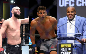 活動中的三位UFC運動員和名人堂成員：微笑的拳手、姿勢的拳手、講台上的演講者。 — 搏擊會 GIF 壁紙