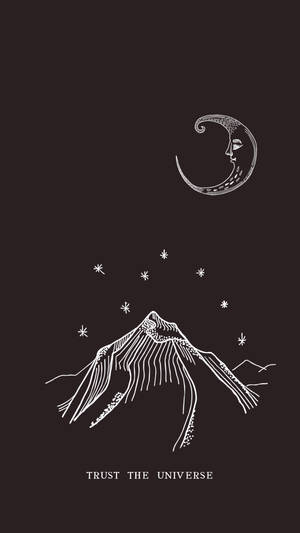 一幅帶有星星和「相信宇宙」字句的山峰與月亮插圖。