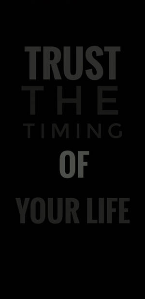 勵志名言 trust the timing of your life 以灰色文字顯示在黑色背景上