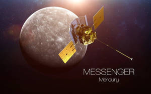 MESSENGER太空船在太空中環繞水星運行，背後有明亮的太陽。