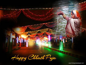 女性在Chhath Puja節日期間在彩色燈光下倒水。