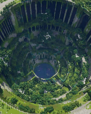 圓形Minecraft風格廢墟，周圍長滿綠色植物和藤蔓，環繞著中央水池。 — Apple Watch Ultra 壁紙