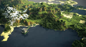 Minecraft島嶼，有雪山、森林和一座沿海豪宅。 — 世界地圖 壁紙