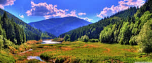 一個風景如畫的山谷，河流流經綠色草地和森林覆蓋的山脈，天空明亮。