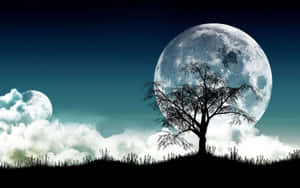 夜間在兩個大月亮和雲層下的光禿樹木剪影。